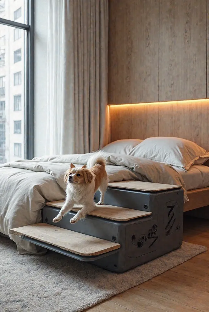 A dog bed, against the wall, not touching the ground, high tech looking, for small dog, unique stairs for the dog to get to iets bed, in a bedroom