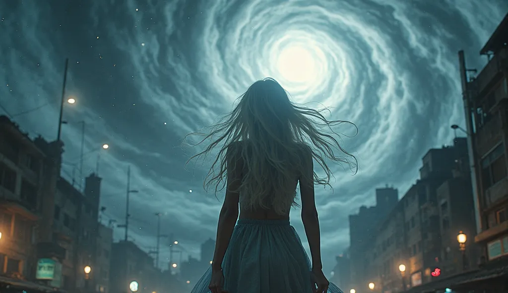 Sexy woman with long white hair, encima de um predio no meio da cidade de um olhando tornado em volta dela para cima coisas voando no meio do furacão gigante muito vento em redor da cidade no meio do tornado girando vento em redor  energy branca  energy br...