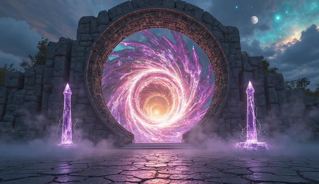 Create a captivating digital artwork of a portal between worlds, crafted to captivate buyers. The portal is a towering, arched gateway of ancient stone, its surface weathered and etched with glowing, silver runes that pulse with a soft, eerie light. At its...