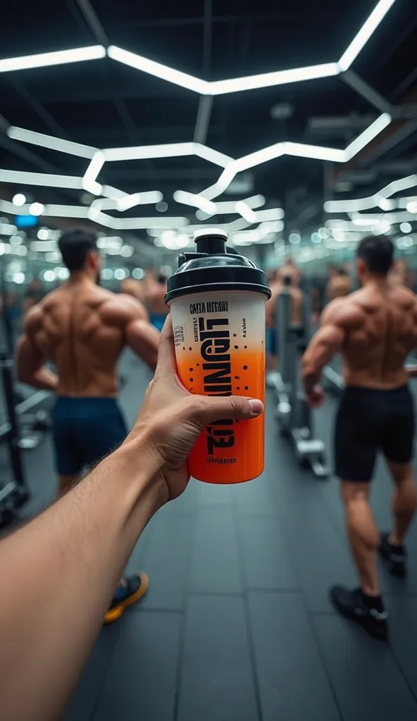 Hyper-realistic first-person perspective (POV) of someone in a modern gym, holding a shaker bottle with a fitness brand logo (e.g., 'MuscleTech', 'Optimum Nutrition', or 'GymFuel') filled with a creatine mix. The viewer sees one hand gripping the shaker bo...