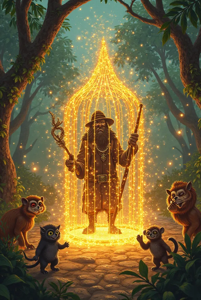 The evil wizard 'Zofar' is trapped inside a glowing magical cage made of golden vines, struggling to escape. His staff is broken, and dark energy is fading from his body. The jungle animals cheer joyfully, with fireworks-like magical sparks filling the air...