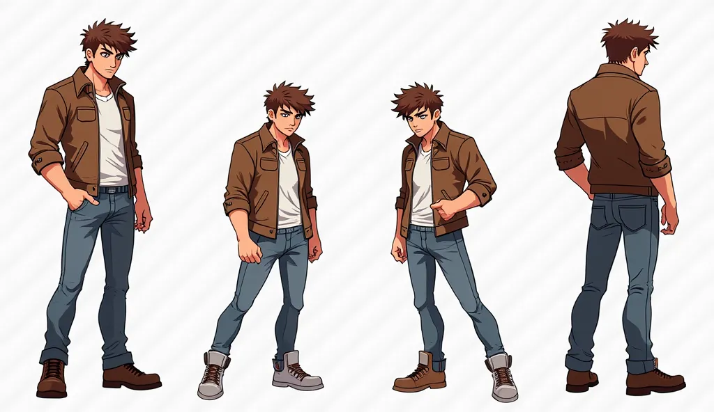 Anime-style character sprite, full-body, tall athletic young man in his mid-20s, short tousled brown hair, determined expression, strong protective demeanor. Wears a leather jacket and jeans, rugged and practical look. Bold lines, dynamic shading, anime-st...