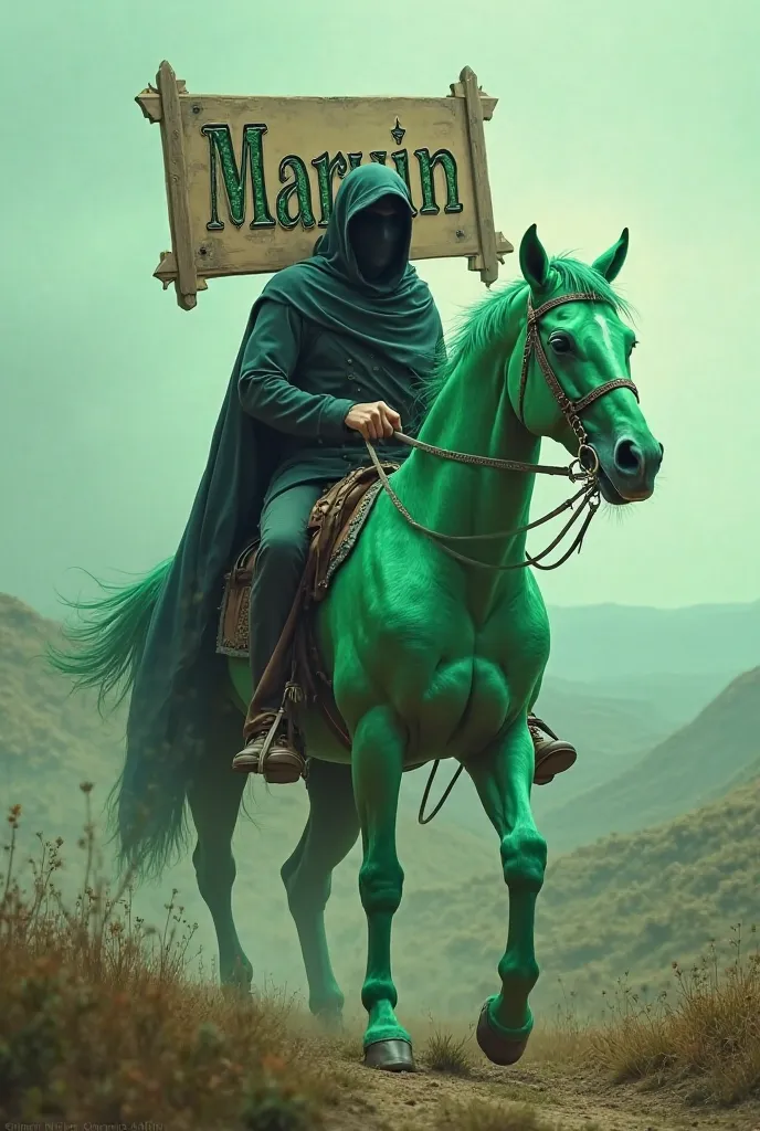 Horseman riding a green horse with a sign that says Marvin in large letters