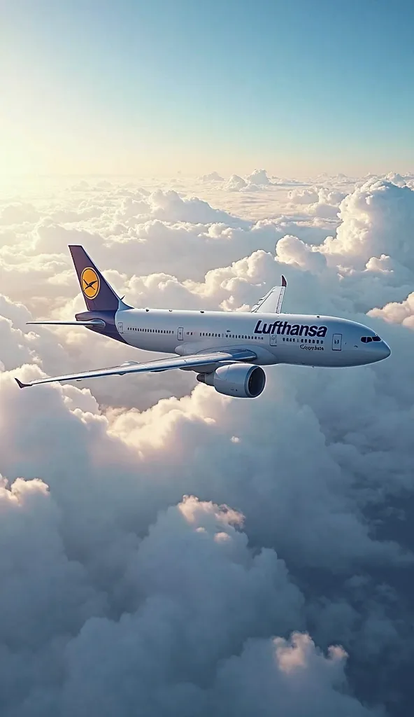 Boeing 777 flying, high in the sky, clouds, daytime, sunny day, Lufthansa