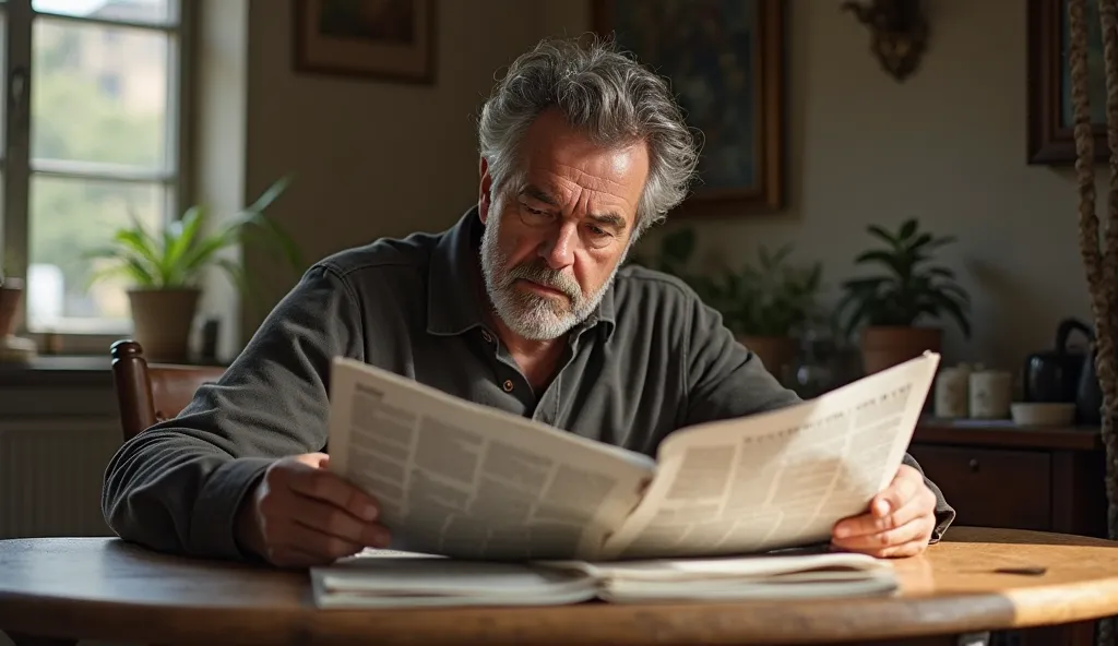 A man is sitting on a table and reading a newspaper. How to make a realistic photo