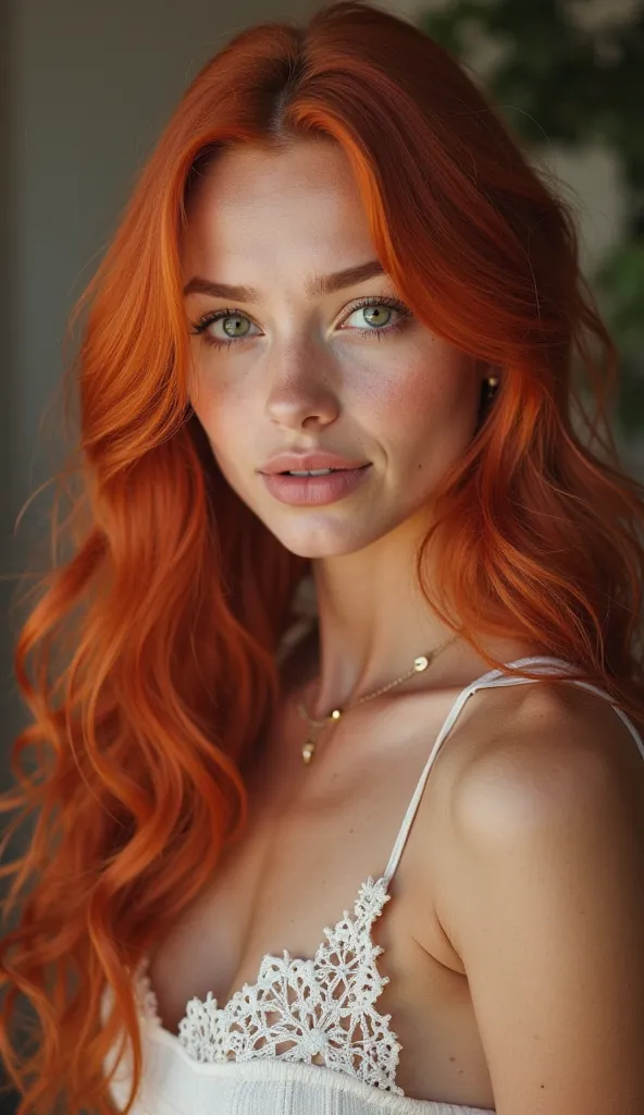 "A 21-year-old with vibrant red hair,  long and wavy , bright green eyes and an angelic face,  with delicate and soft features . She has a friendly and confident expression. your body is athletic, with medium boobs and a proportional figure.