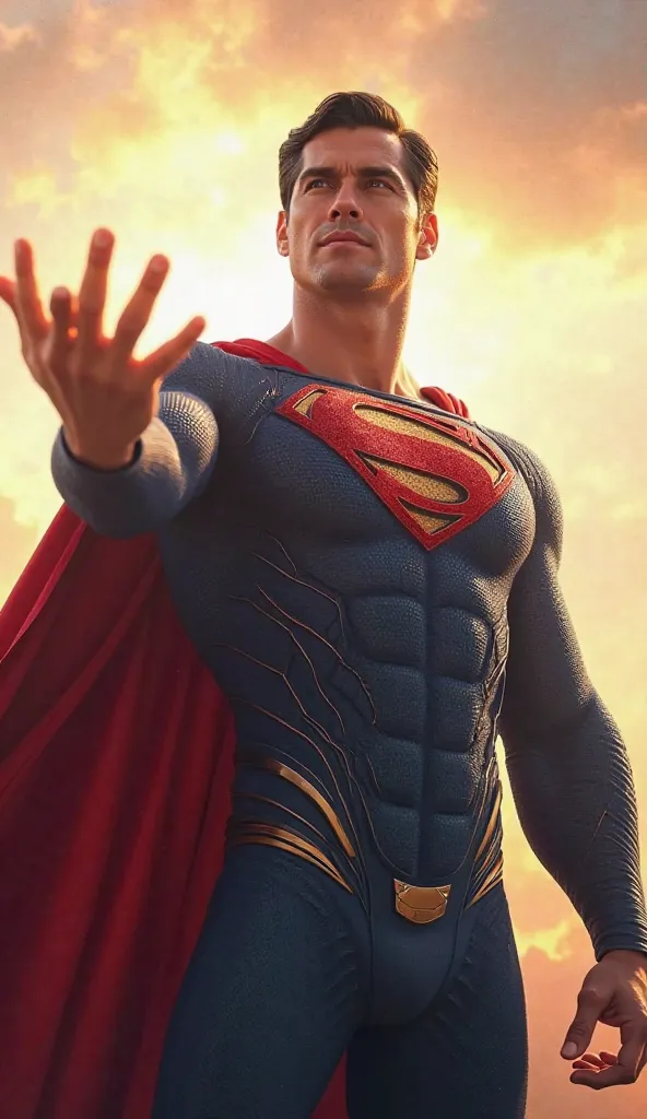 Create an image of Super Man smiling and with his hand outstretched