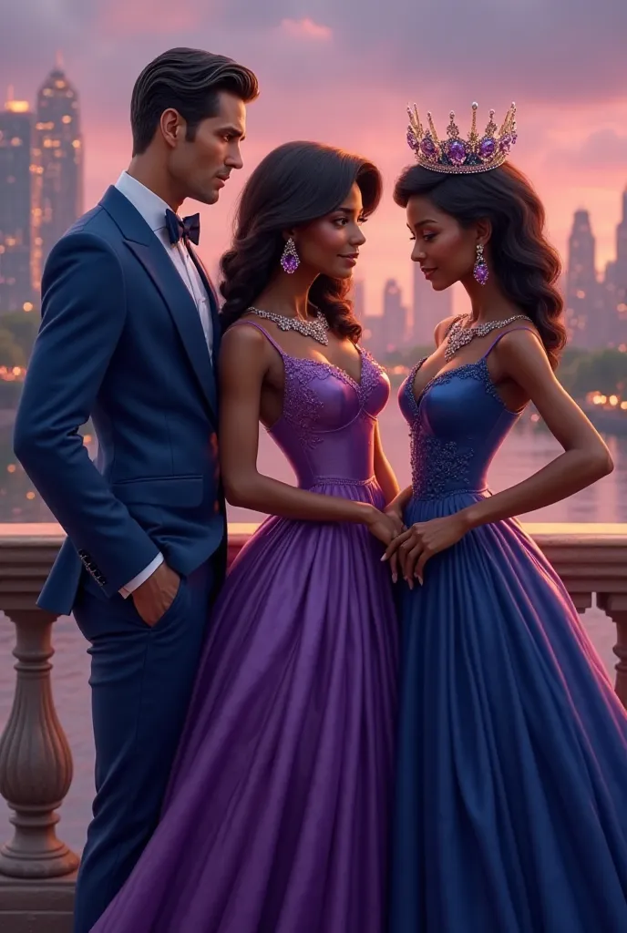 Prompt:
*A romantic 3d contemporary royal book cover featuring three royal figures in a head-to-thigh or head-to-knee composition. In the center, a light-skinned Black woman wears a stunning purple evening gown, a delicate tiara, and a striking purple gem ...