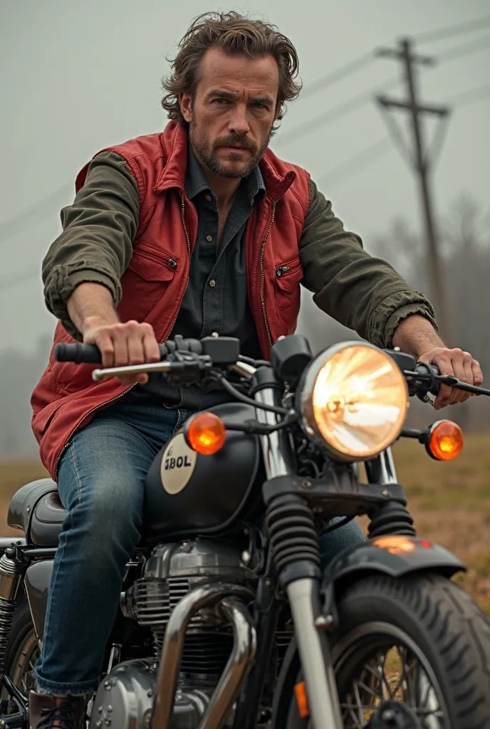 there is a man that is sitting on a motorcycle with a red vest, a photo inspired by Jan Konůpek, trending on pixabay, photorealism, lászló szabados, robert plant, boris valejo, christophe szpajdel, roman shipunov, vic james, young robert plant, vladimir pc...