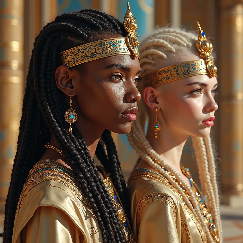 Pharaoh's two most beautiful twin men with effeminate tender faces. One of them is a brunette with black eyes and long black afro braids. The second pharaoh is a blond twin with long blue eyes and light afro braids. They stand side by side and look forward...