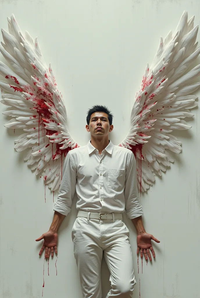 Medium build white American male with short black hair wearing white shirt and white pants with big white bloody Wings on the ground..Do it now fuckers 