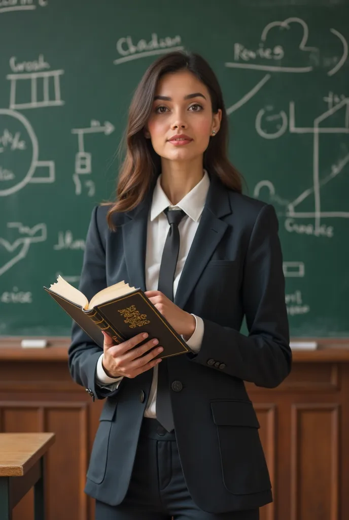 A teacher wears a suit and a tie and has a book in her hand and explains on the blackboard