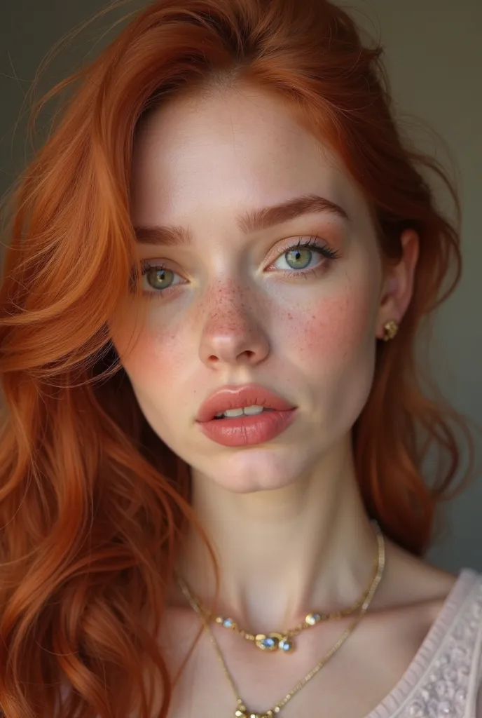 I want to create an image of an 18-year-old woman's face, red hair, white, light green eyes, big mouth with natural pink lips, more natural makeup, I want you to have flushed cheeks and closed eyes on Friday. Can you change her hair to red? I want bigger l...