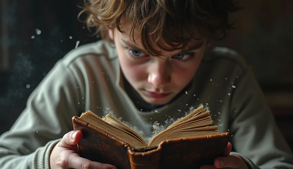 A close-up shot of a young man with brown hair and blue eyes carefully unwrapping a dusty, faded cloth around an old leather-bound diary. The air is thick with dust particles floating in the dim light. The diary's cover is cracked and darkened with age, wi...