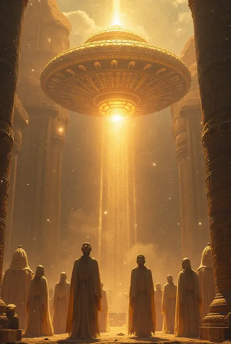 Anunnaki gods descending from the sky – Tall, humanoid figures with ornate robes and mysterious glowing eyes stepping down from a futuristic, golden craft hovering over a Sumerian temple.
