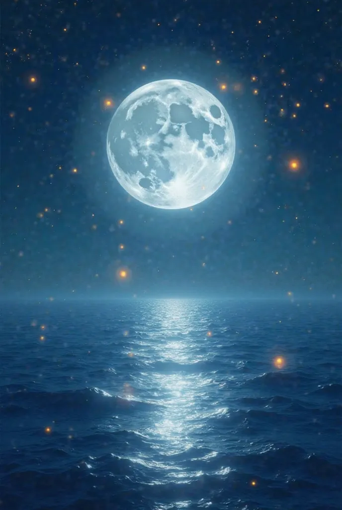 Realistic picture of the moon reflecting on the sea，There are also some fireflies in the sky