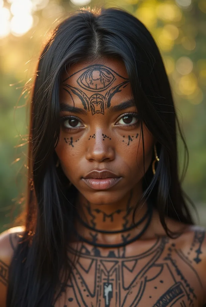 An image of a woman with indigenous and French traits, with slightly dark skin and body paint,straight black hair looking forward being illuminated by natural light