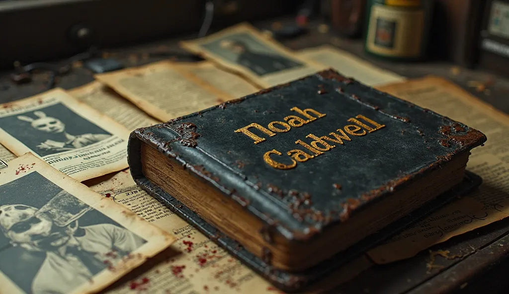 A detailed shot of an old, dark leather-bound diary on a cluttered desk, surrounded by faded police reports and photographs of missing persons. The diary's cover is cracked, with the name "Noah Caldwell" barely visible in faded gold lettering. Bloodstains ...