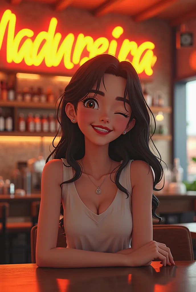 I took the 3D anime image of a modern woman, strong, affectionate, beautiful, happy, inside the Madureira restaurant, a cozy restaurant, a well-lit restaurant with signs with the name of the Madureira restaurant in yellow and reddish tones, a very woody re...