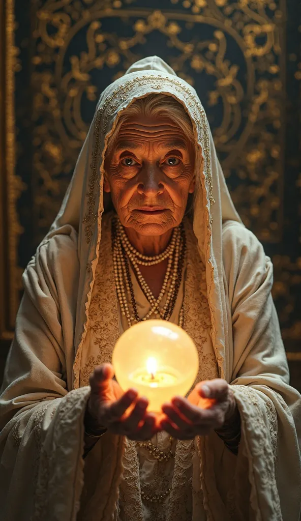 An elderly woman with deep wrinkles and wise, expressive eyes, dressed in an elegant, traditional robe with intricate embroidery. She wears a matching hooded veil and multiple pearl necklaces. She holds a large crystal ball containing a lit candle, illumin...