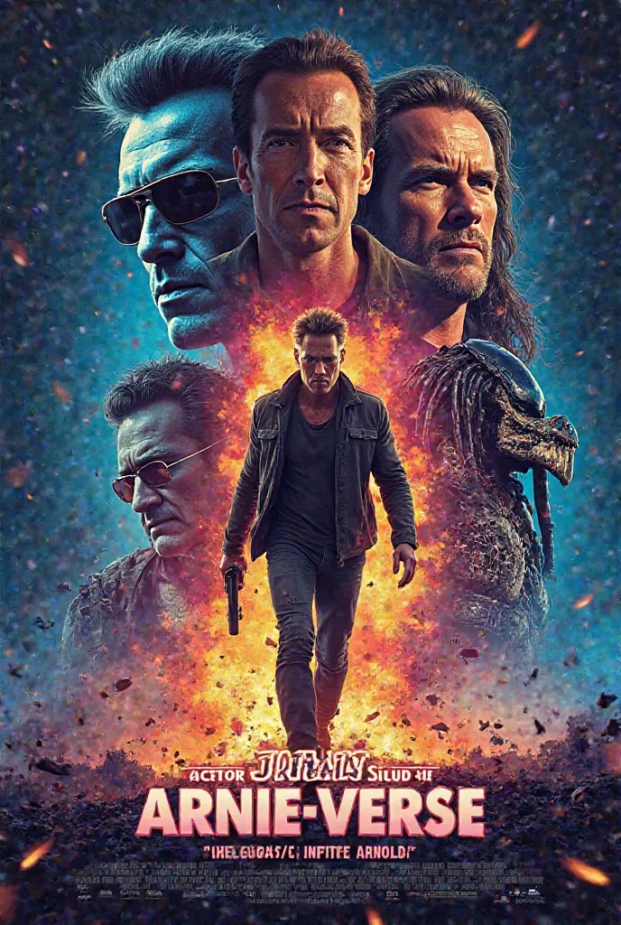 Create an epic action movie poster titled ‘Johan Across the Arnie-Verse’ featuring a heroic central figure (Johan) in a dynamic pose, surrounded by multiple frames showing different iconic Arnold Schwarzenegger personas (The Terminator, Jack Slater, Dutch ...