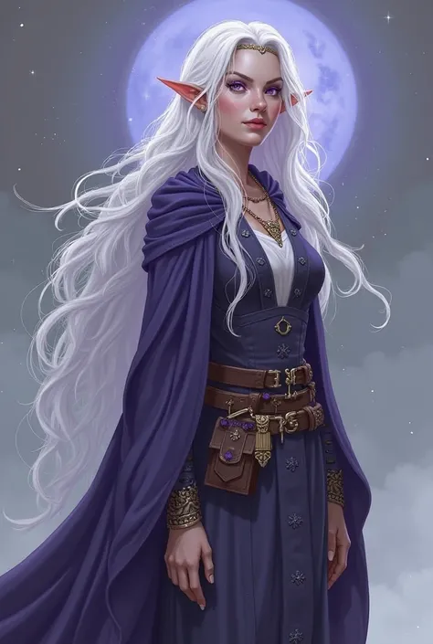 I would like to create my DND character. Okay so she's a high elf, moon elf. With violet silver-violet eyes. She has long white wavy hair. She has white purplish skin.  She's an archaeologist and a wizard. She wears a belt around her middle with pouches fo...