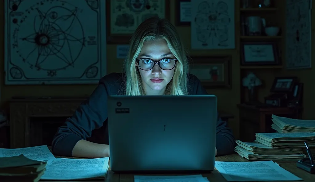 A dark room cluttered with papers, old police files, and an open laptop displaying scanned pages of a diary. Megan, a young woman with glasses, shoulder-length blonde hair, and green eyes, sits hunched over a desk, her face illuminated by the cold blue glo...