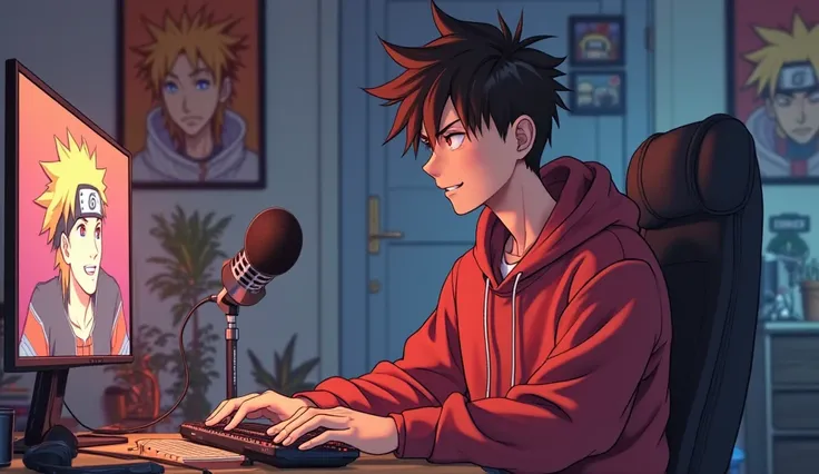 "Create a anime boy who have a  mature looking like a man facing in front  he is a  YouTube content creator, sitting in his studio with futuristic gadgets, and there is mic near him ,wearing red hoodie, smiling, and there is 2 posters of naruto in his room...