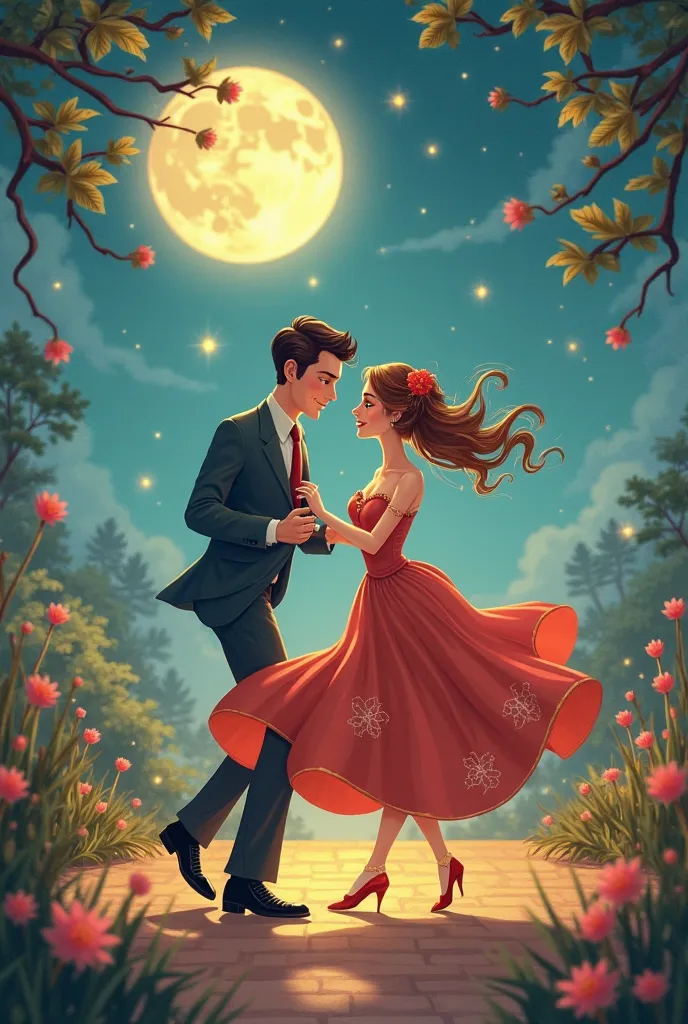 A man and a woman cartoon character dancing in the moonlight