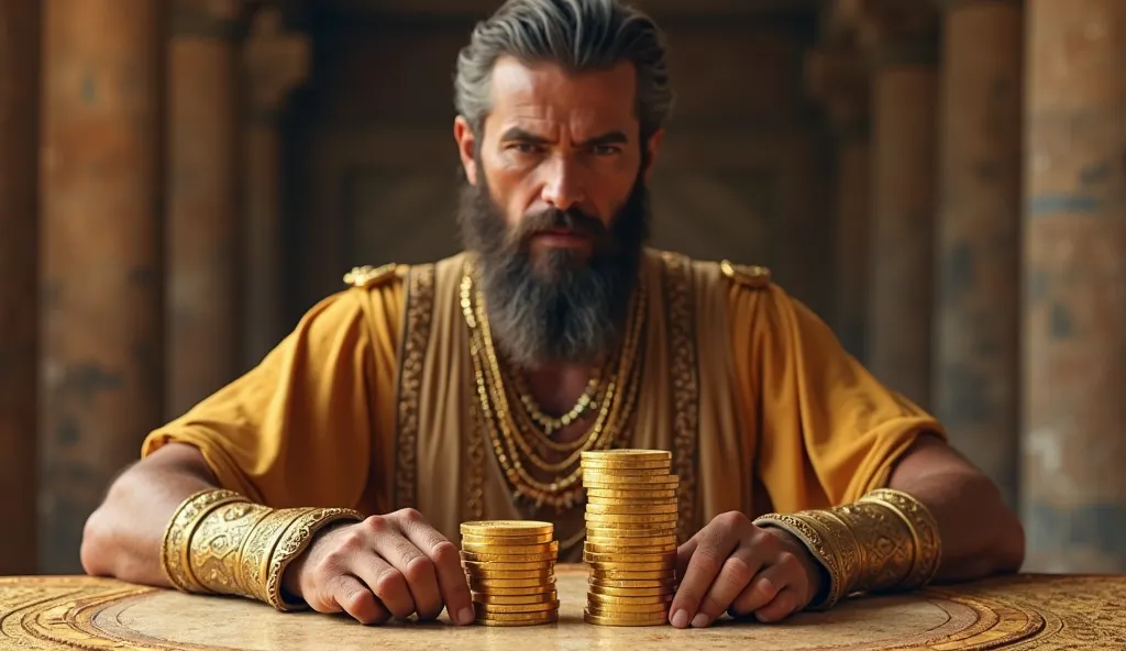 A man from ancient Babylon sitting in front of him at a table with two stacks of gold coins, one large and one small. 