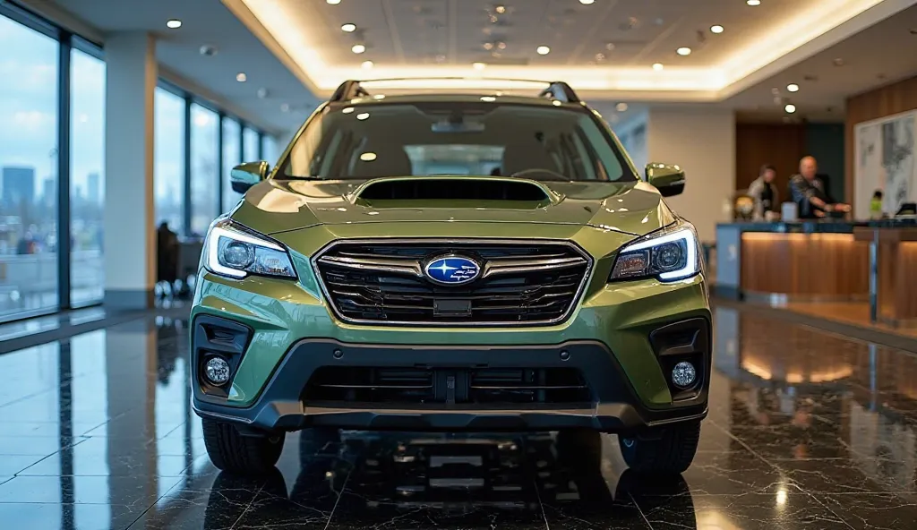 A 2026 Subaru Outback Evolution in Metallic Green parked on a glossy black marble floor inside a high-end showroom. The camera captures a three-quarter front view, highlighting the bold front grille, LED headlights, and sculpted hood. Soft white ceiling li...