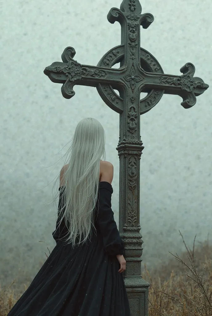 white long hair girl next to cross facing from the back in a black outfit far away realistic