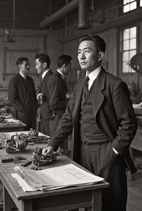 Image Prompt:
"A 1930s Japanese workshop with engineers working on an early prototype car. The setting is traditional, with wooden tables, blueprints, and mechanical tools scattered around. A young, determined Kiichiro Toyoda is overseeing the project, dre...