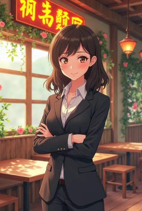 I wanted a 3D anime image of a woman in a more formal outfit, happy, strong, with a flowery environment inside a rustic restaurant where a sign in yellow and reddish tones and the words restaurant Madureira would stand out.