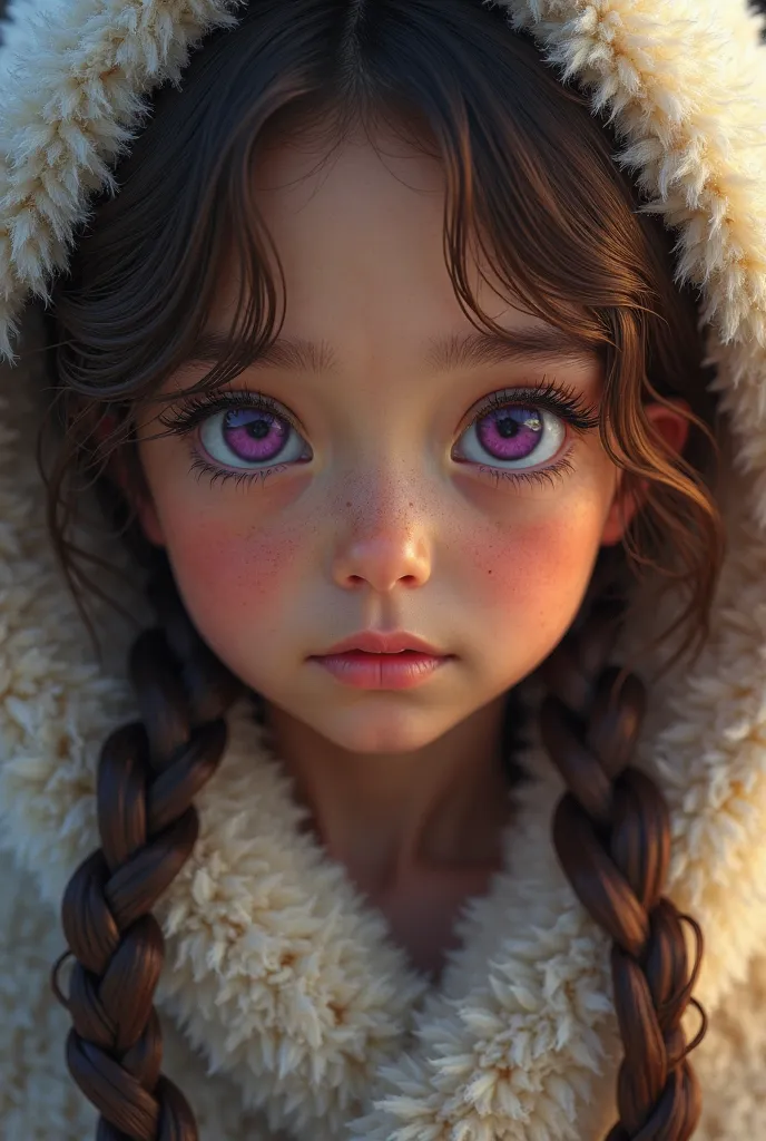 Create an image of a  Inuit girl. She has brown skin and purple eyes. Her face shape is round and her nose is like a button. Also, her hair is a brown colour