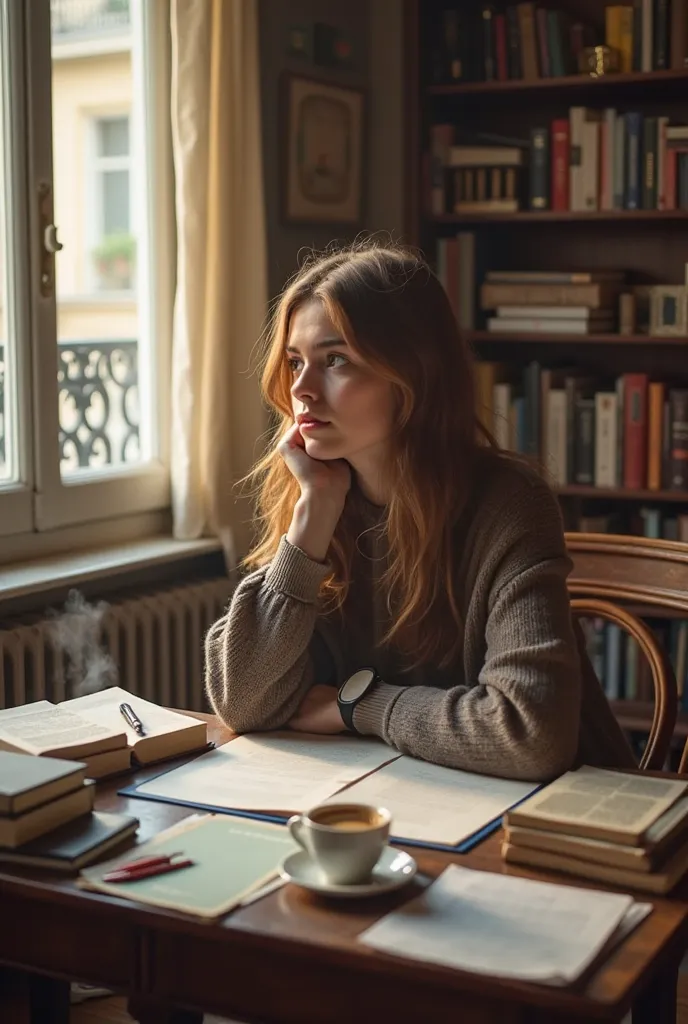 A young woman, René Hartebelt, sitting at a desk in a cozy Parisian apartment. She is surrounded by books and papers, with a cup of coffee steaming on the desk. The room is warm and inviting, with soft natural light streaming through the window. René looks...