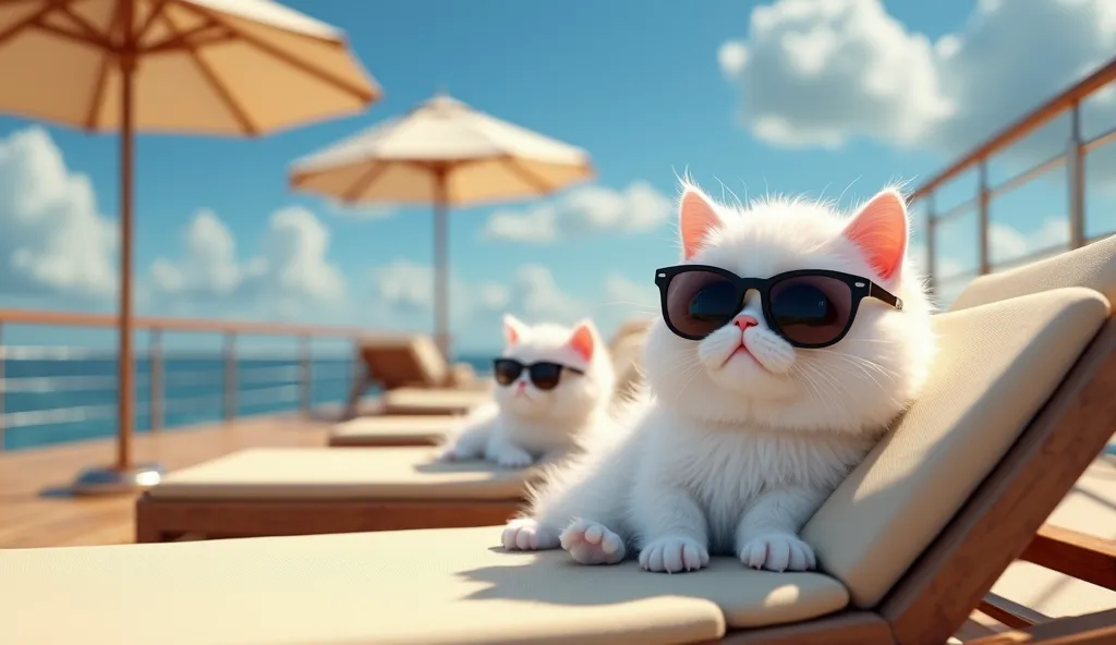 "A high-quality 3D animation of a fluffy white mother cat and her kitten relaxing on luxurious sun loungers aboard a grand cruise ship. Both cats wear stylish black sunglasses, exuding a cool and relaxed vibe. The scene is set under large beige sun umbrell...