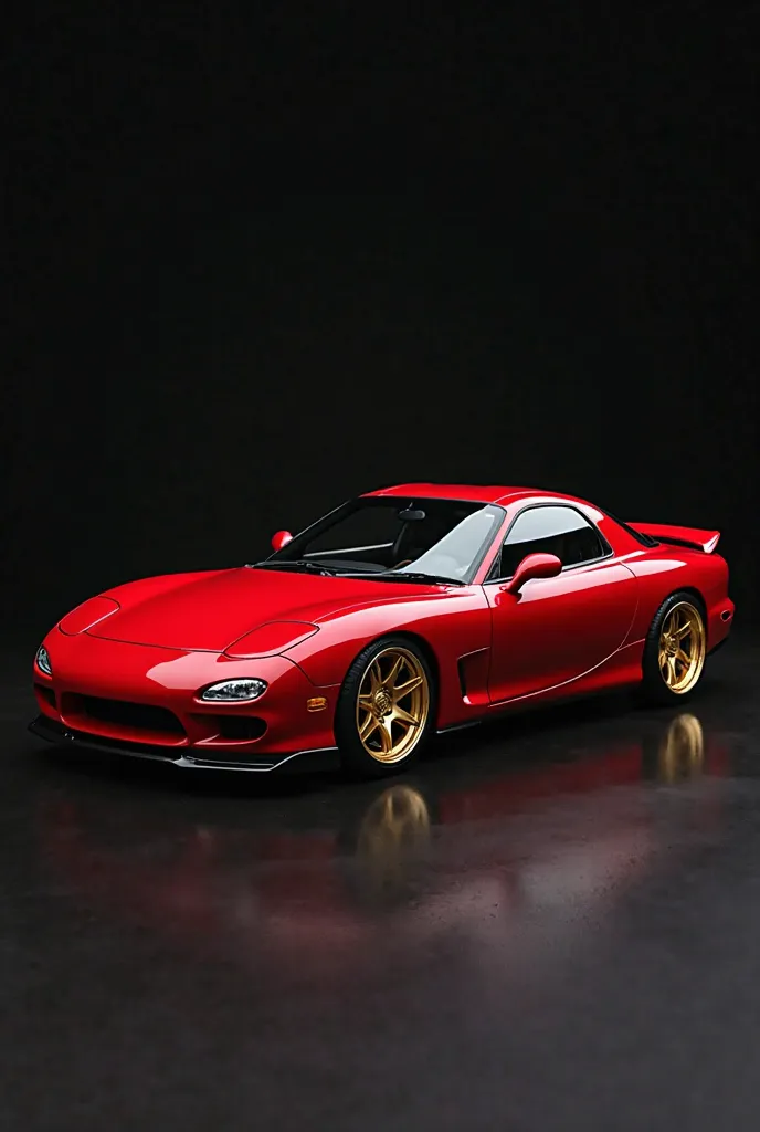 Mazda RX7 model 2002 tires color rosso Monza. 8 inch classic bbs rs tires with gold spokes. black background