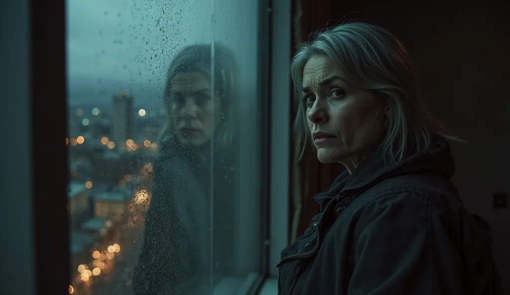 A dark, somber shot of Cassandra, a woman in her early 30s with prematurely graying hair, dark eyes, and a weary expression, standing by a hotel window at night. The cityscape of Seattle is visible through the rain-streaked glass, illuminated by cold, dist...