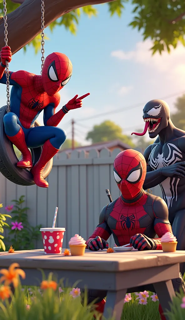 An image in the characteristic visual style of Fortnite,  with a vibrant aesthetic , colorful and slightly cartoonish. The scene features three iconic Marvel characters featured:  Spider-Man , Venom e Deadpool , positioned in a suburban backyard full of ch...