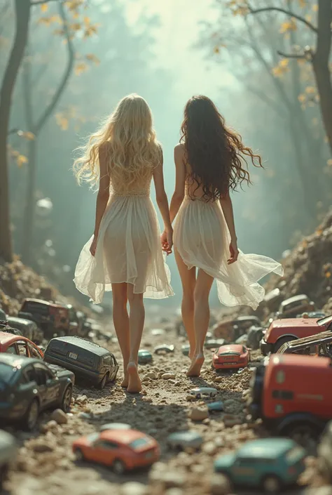 two beautiful women,  one blonde and another brunette, Barefoot walking on miniatures of broken cars. Do your feet destroy miniature cars.