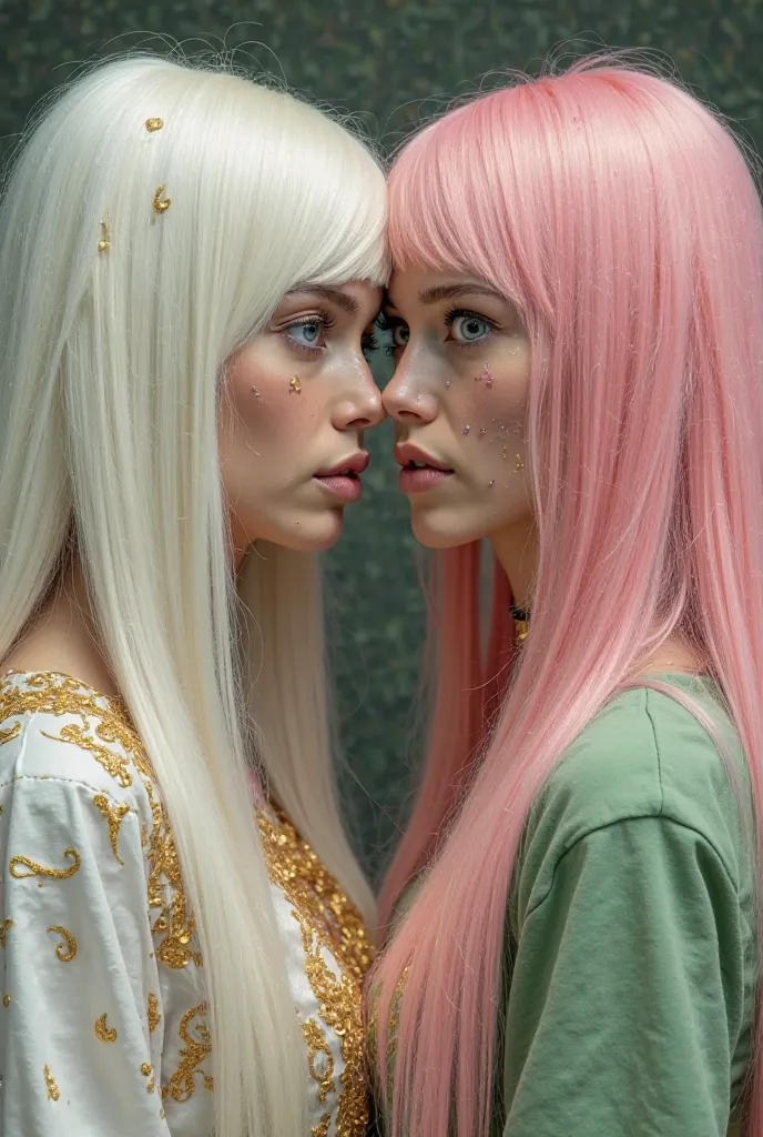 two realictic woman are looking at each other. they look the same in the face, like twins, but one has straight long white hair and white eyes, is dressed in beautiful golden and white goddess dress. the other woman has middle lenght fluffy pink hair, colo...