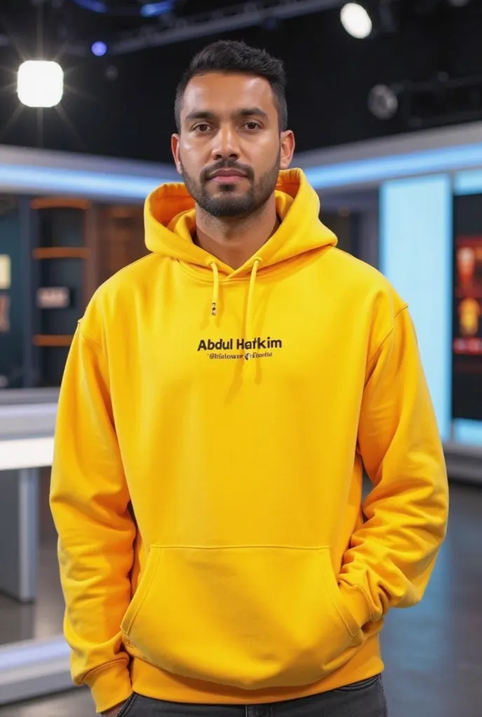 Dear Ai You Created my profile picture, and yellow hoodie. and place is news studio room. and hoodies name Abdul Hakim Official. 