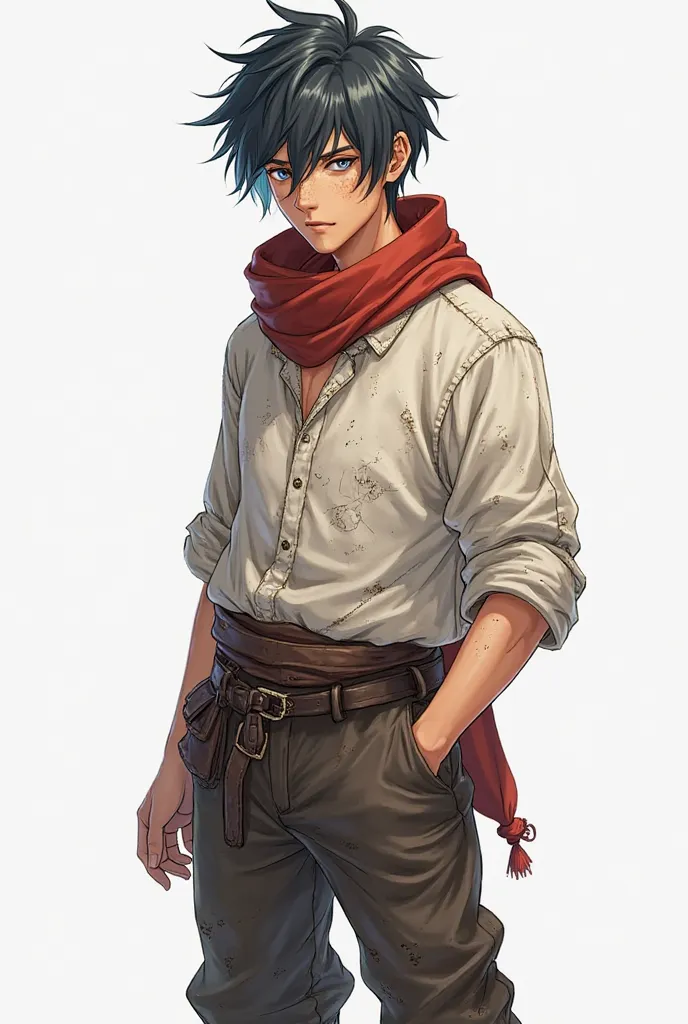 Age: 21, adult man 

Ethnicity & Skin: Light tan skin with freckles across his nose and cheeks.

Hair: Short, messy black hair with subtle blue undertones, slightly wavy.

Eyes: Muted gray-blue, often appearing tired or dull.

Build: Lean and underfed, sli...