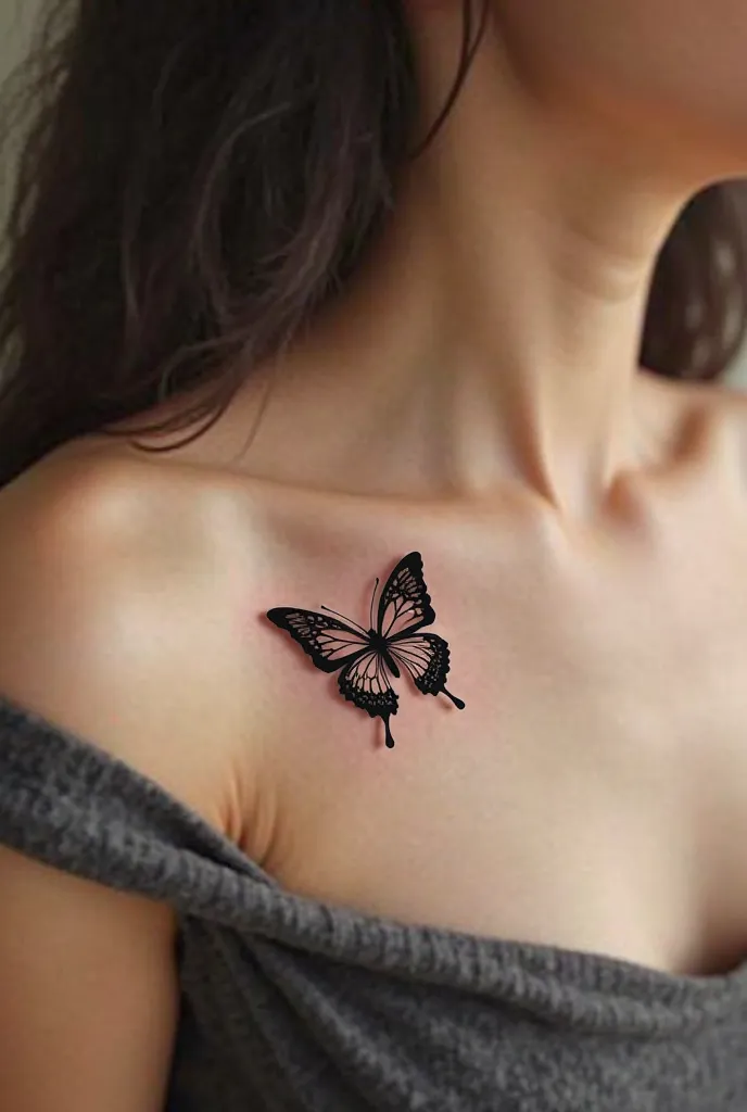 Small, shapely black butterfly tattoo on the left collarbone 