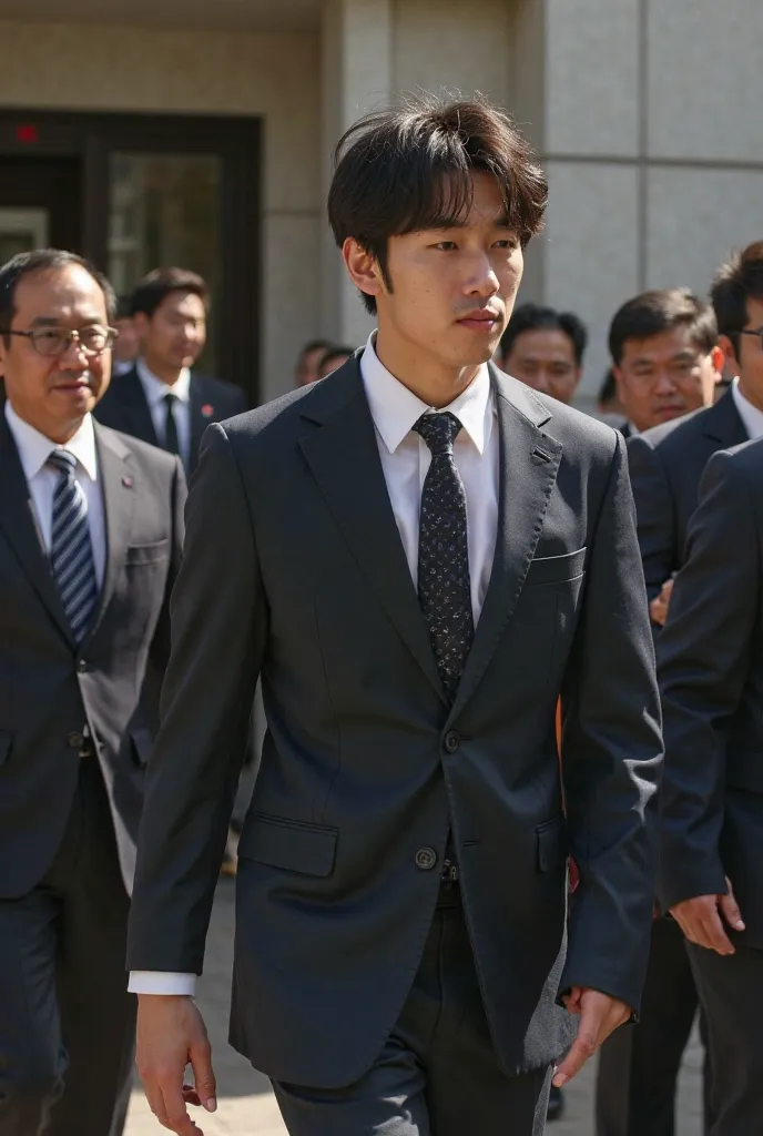 a young japonese man in her 23's walking out of a Japanese courthouse, free, with a crowd of reporters and onlookers surrounding him. His face is calm, almost smug, as he steps into the sunlight. The atmosphere is tense and unsettling, with a sense of inju...