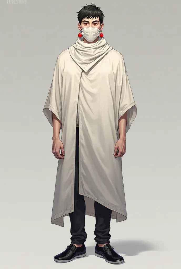 Create a character from my literary work, His name is Guissan. He is a very tall man aged 35-40 years,  with short black hair,  short beard, white skin and red eyes. Wear red drop-shaped earrings. Pquelos. He wears a fairly large and long white poncho that...