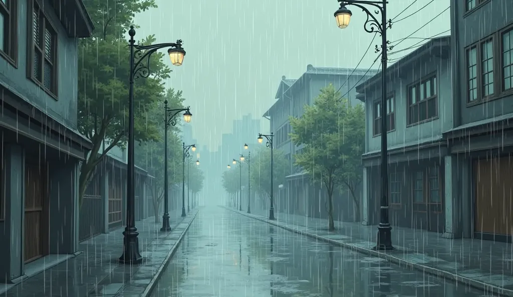 Make a rainy scene in Cartoon style, but without very bright colors and no people in it