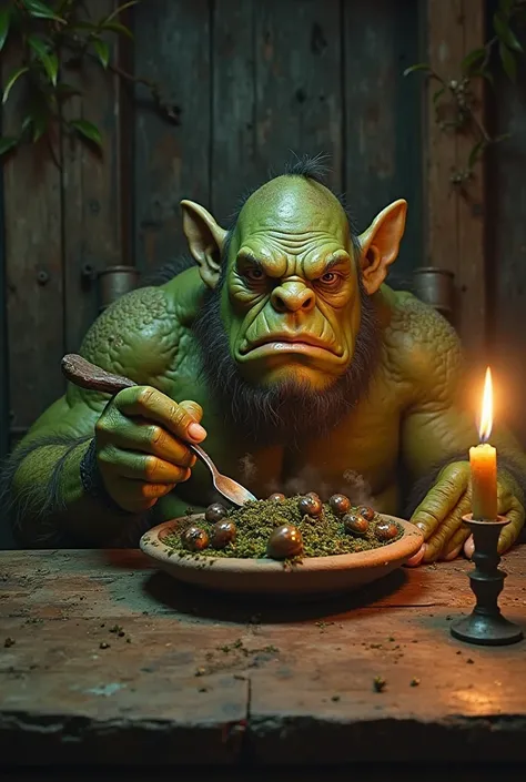 A hyper-realistic first-person view of an ogre sitting at the table in his rustic swamp cabin, ready for his unusual breakfast. His large, rough green hands, with subtle cracks in the skin and thick yellowish nails, hold a crude spoon as he prepares to eat...