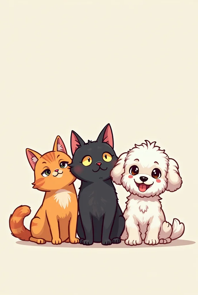 A long hair ginger cat, a short hair black cat and a white curly hair maltese poodle x pug sitting in a row drawn in a chibi illustration style 